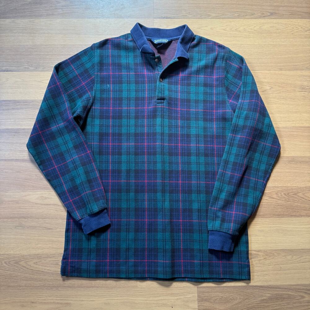 Men's Vintage 90's Lands' End Green Blue Plaid Long Sleeve Polo Shirt Sz Large
